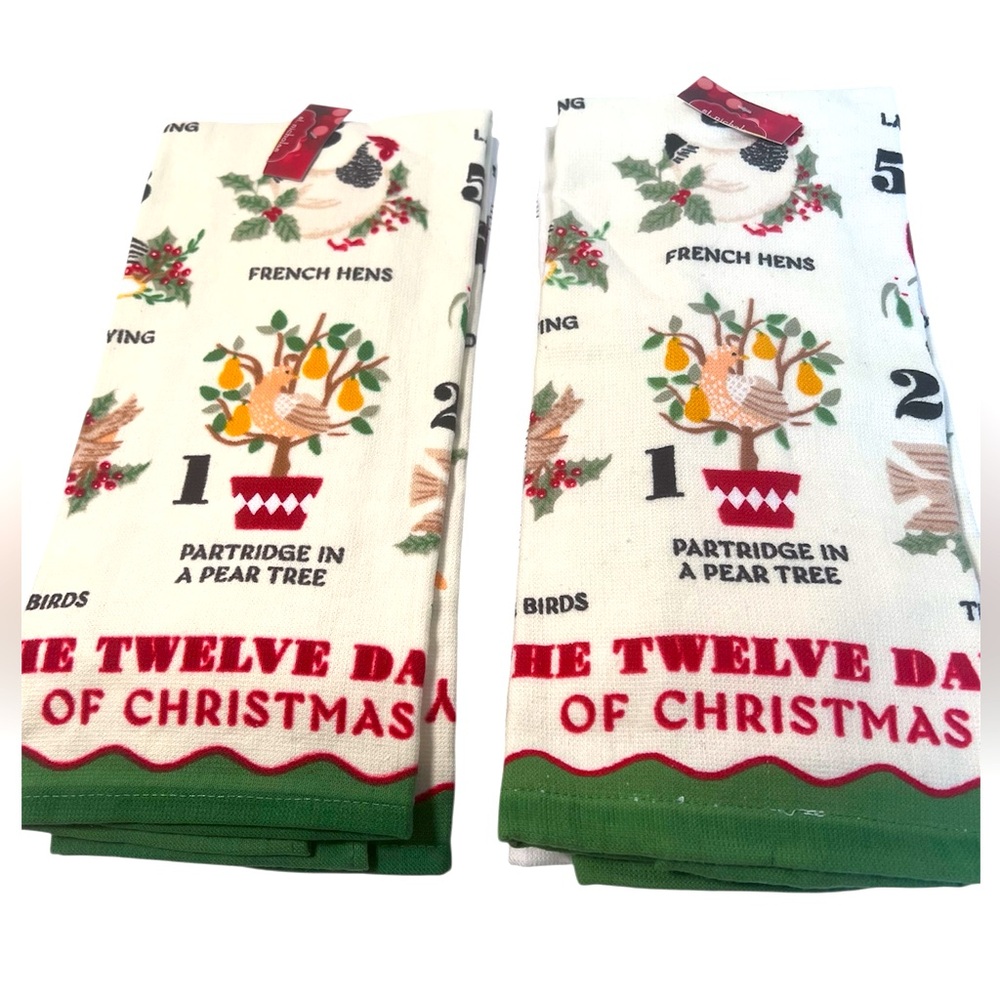 Two Sets of Christmas Themed Kitchen Towels Featuring 12 Days of Xmas.  New